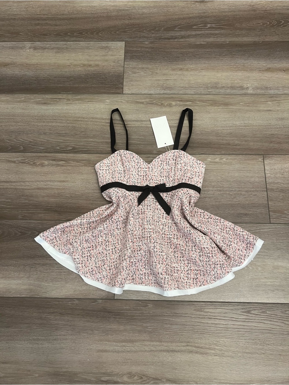 Zara Pink Tweed Fit-and-Flare Top with Black Trim